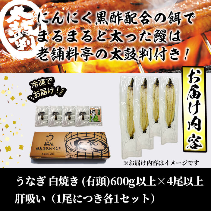 【訳あり】鹿児島県産！秘伝の特上スタミナうなぎ白焼き＜計600g以上／4尾以上＞肝吸いセット！ c1-014