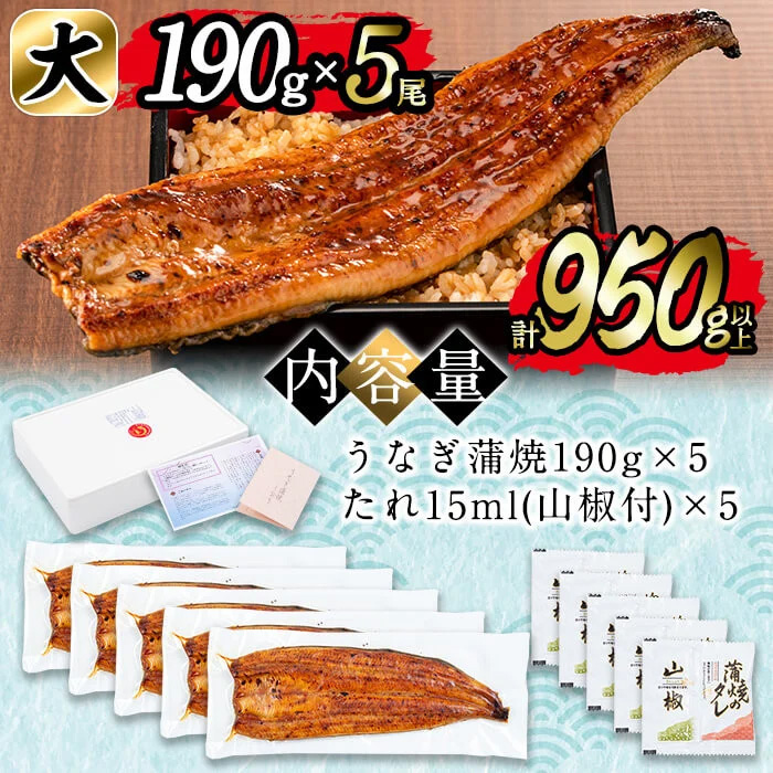 日ノ本一の鰻の蒲焼き＜大＞5尾セット(計950g以上) うなぎ 鰻 ウナギ 国産 鹿児島県産 九州産 蒲焼き 冷凍 うな重 ひつまぶし d3-001