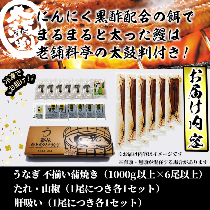 【訳あり】鹿児島県産！秘伝のスタミナうなぎ蒲焼き＜計1000g以上／6尾以上＞肝吸いセット！ d9-004