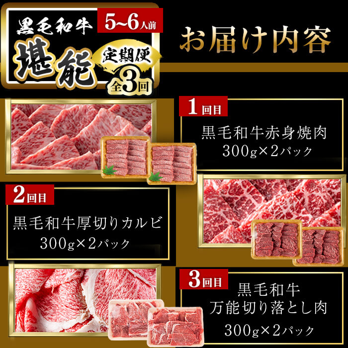 【定期便全3回】＜A4・A5等級＞黒毛和牛堪能〈お試し〉定期便（5～6人分）総重量1.8kg 鹿児島県産 黒毛和牛 和牛 肉 牛肉 国産 九州産 鹿児島県産 焼肉 焼き肉 BBQ ランキング 人気 A4 A5 赤身 切り落とし カルビ お楽しみ 食べ比べ 5人前 6人前 t0058-003