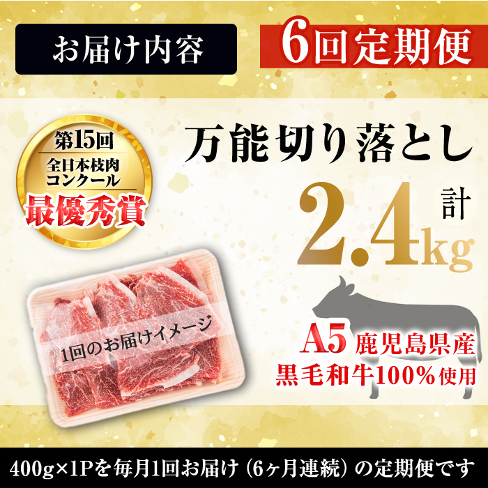 【定期便全6回】＜A4・A5等級＞黒毛和牛万能切り落とし肉 計2.4kg(400g×1P・全6回) 黒毛和牛 和牛 切り落とし 肉 牛肉 国産 九州産 鹿児島県産 すき焼き しゃぶしゃぶ 牛丼 小分け A5 日本一 ランキング 人気 定期便 t0072-005