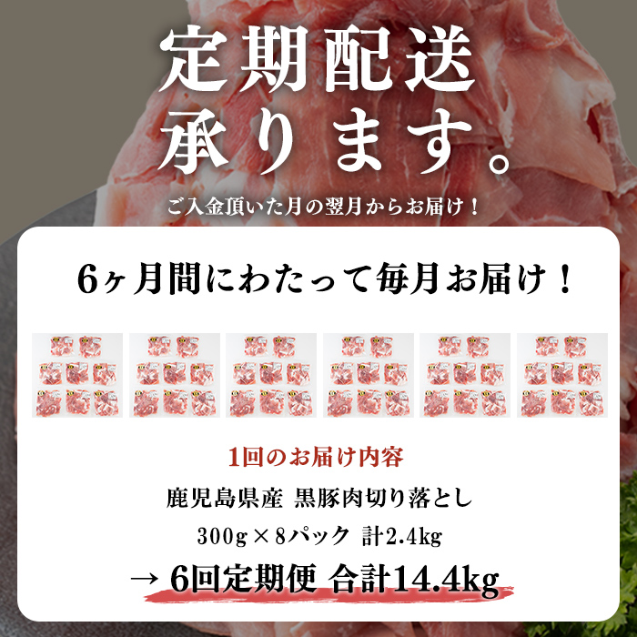 【定期便 全6回】鹿児島県産黒豚切り落とし(計14.4kg・2.4kg×6回) 定期便 豚肉 黒豚 ぶた肉 肉 国産 鹿児島県産 切り落とし 切落し 小分け 真空パック チャック付き 野菜炒め 豚丼 カレー t0096-002
