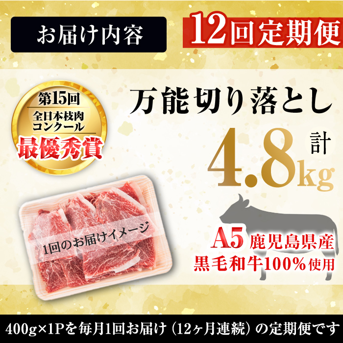 【定期便全12回】＜A4・A5等級＞黒毛和牛万能切り落とし肉 計4.8kg(400g×1P・全12回) 黒毛和牛 和牛 切り落とし 肉 牛肉 国産 九州産 鹿児島県産 すき焼き しゃぶしゃぶ 牛丼 小分け A5 日本一 ランキング 人気 定期便 t0144-001