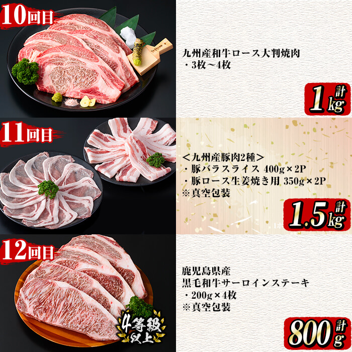 【定期便全12回】牛・豚堪能定期便(12ヶ月連続・計15.7kg超) 黒毛和牛 国産牛 九州産 豚 豚肉 肉 牛肉 国産 4等級 訳あり 小分け 真空包装 冷凍 t0194-002
