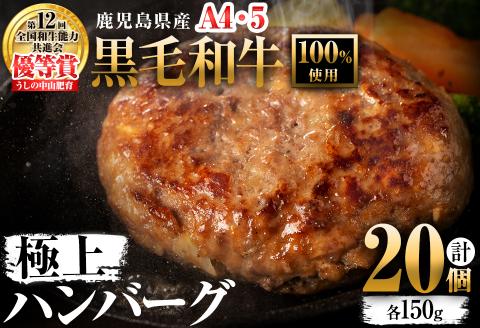 ＜A4・A5等級＞鹿児島県産 黒毛和牛100%使用 極上ハンバーグ(計3kg・150g×20個) c5-034
