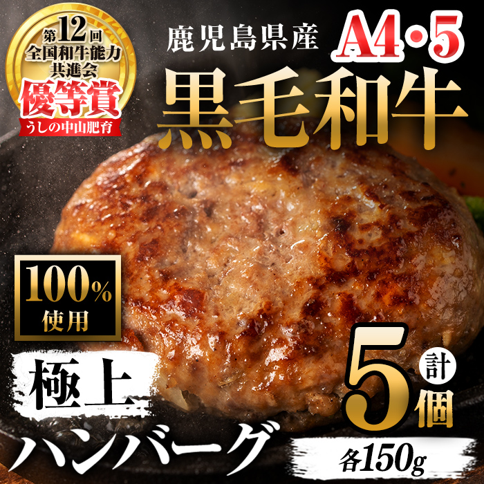 ＜A4・A5等級＞鹿児島県産 黒毛和牛100%使用 極上ハンバーグ(計750g/150g×5個)? 黒毛和牛 和牛 ハンバーグ 冷凍ハンバーグ 肉 牛肉 国産 九州産 鹿児島県産 ミンチ 100% 小分け A4 A5 ランキング  a2-086