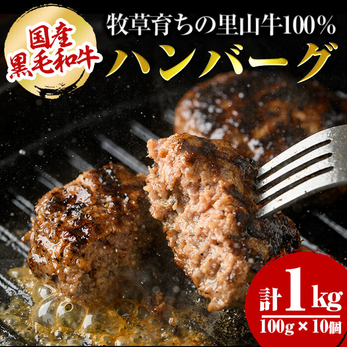 国産黒毛和牛 牧草育ちの里山牛100%使用！手作りハンバーグ 1kg (100g×10個） 黒毛和牛 和牛 肉 牛肉 国産 ハンバーグ 100% 小分け 惣菜 a5-276
