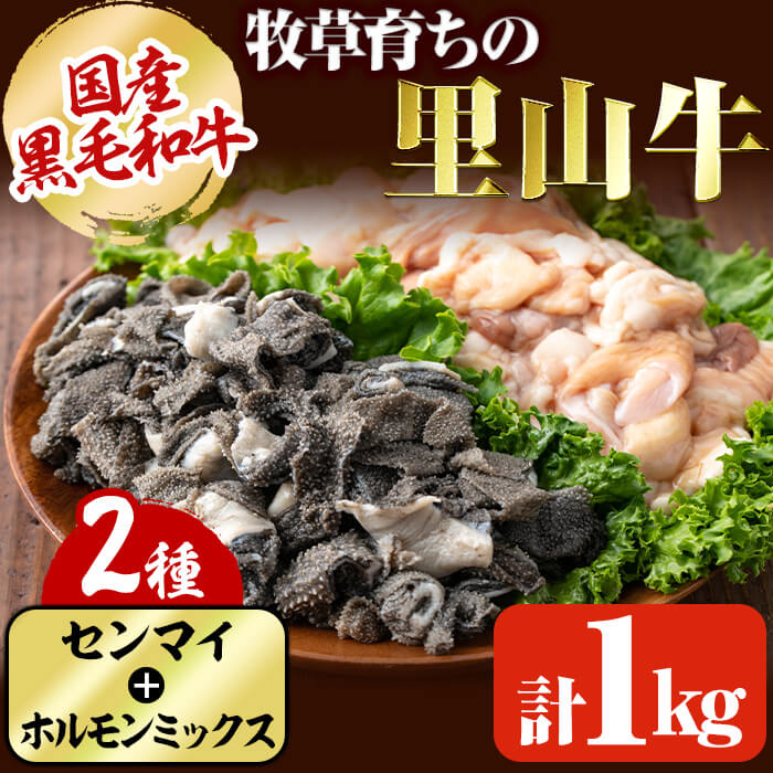 国産黒毛和牛 牧草育ちの里山牛 センマイ・ホルモンミックス計1kg 黒毛和牛 和牛 肉 牛肉 国産 ホルモン センマイ もつ 焼肉 BBQ a5-277