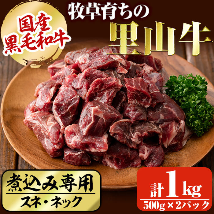 国産黒毛和牛 牧草育ちの里山牛 煮込み専用スネ・ネック計1kg(500g×2パック) 黒毛和牛 和牛 肉 牛肉 国産 スネ ネック 煮込み ブロック 赤身 a9-021