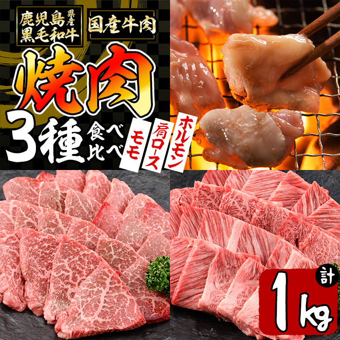 【焼肉3種！食べ比べセット】鹿児島県産黒毛和牛 モモ・肩ロース・国産ホルモンの焼肉3種セット＜計1kg＞ 牛肉 肉 焼肉 セット 焼肉セット 焼き肉 小分け 食べ比べ 赤身 霜降り ホルモン やきにく BBQ b2-030