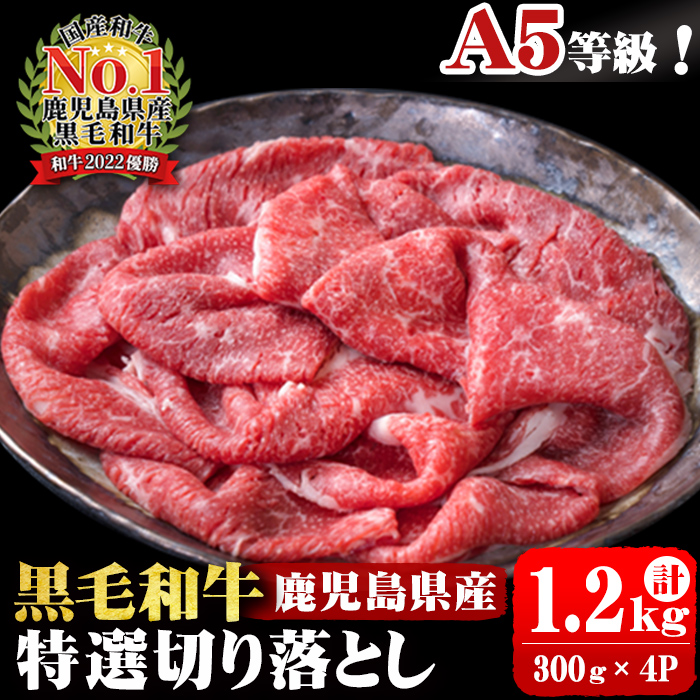 A5等級！鹿児島県産 黒毛和牛特選切り落とし 計1,200g (300g×4P) 鹿児島県産 黒毛和牛 国産 肉 牛肉 赤身 霜降り すき焼き しゃぶしゃぶ 冷凍 小分け b0-163-D