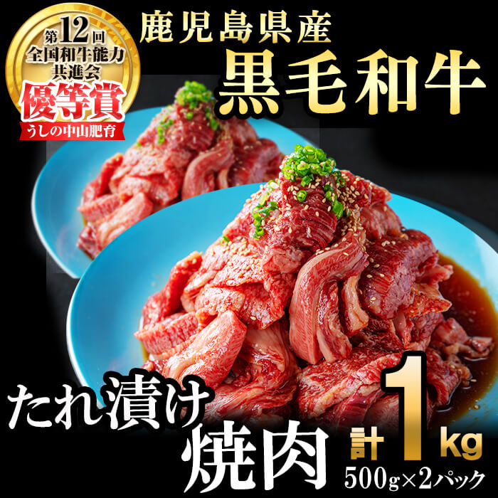 【数量限定】鹿児島県産黒毛和牛 うしの中山 タレ漬け焼肉用 計1kg(500g×2P) 黒毛和牛 和牛 肉 牛肉 国産 九州産 鹿児島県産 焼肉 BBQ 味付け肉 たれ漬け 日本一 c0-123