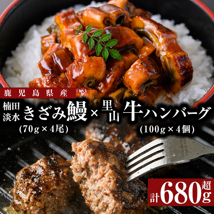 里山牛ハンバーグ＆きざみうなぎセット (総計680g以上) うなぎ 鰻 ウナギ 蒲焼き 真空パック うな丼 鰻重 牛 牛肉 鹿児島県産 国産 ハンバーグ 100% b0-188