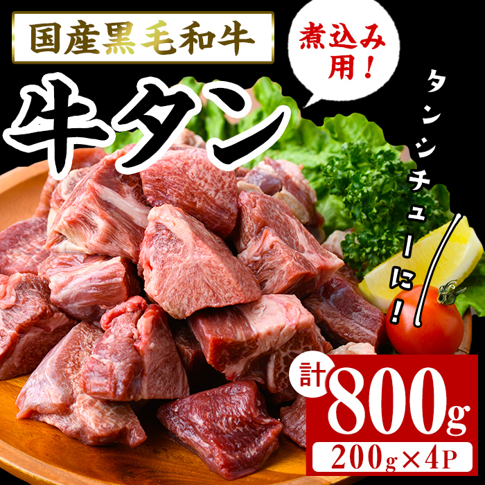 【小分け】国産黒毛和牛 牛タン ブロック(煮込み用)＜200g×4P・計800g＞ 牛タン 牛たん タン たん 肉 牛肉 小分け 国産 希少部位 煮込み ブロック シチュー ビーフシチュー b0-196