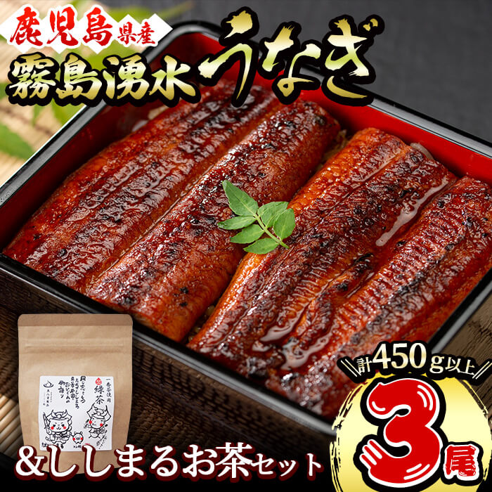 霧島湧水鰻3尾＆ししまるお茶セット 霧島湧水鰻(156g以上×3尾)＆緑茶ティーバッグ(3g×6個) 鹿児島県産 うなぎ ウナギ たれ タレ さんしょう 山椒 セット 緑茶 うな重 うな茶漬け b0-207