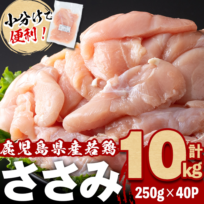 小分けで便利！鹿児島県産若鶏ささみ 計10kg(250g×40P) 鶏肉 とり肉 鳥肉 ささみ 鳥ささみ ヘルシー ダイエット 低カロリー 若鶏 小分け 真空 真空パック 保存 カット カット済 b7-026