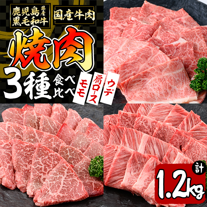 【焼肉3種！食べ比べセット】鹿児島県産黒毛和牛 モモ・肩ロース・ウデの焼肉3種セット＜計1.2kg＞ 牛肉 肉 焼肉 セット 焼肉セット 焼き肉 小分け 食べ比べ 赤身 霜降り やきにく BBQ c0-109