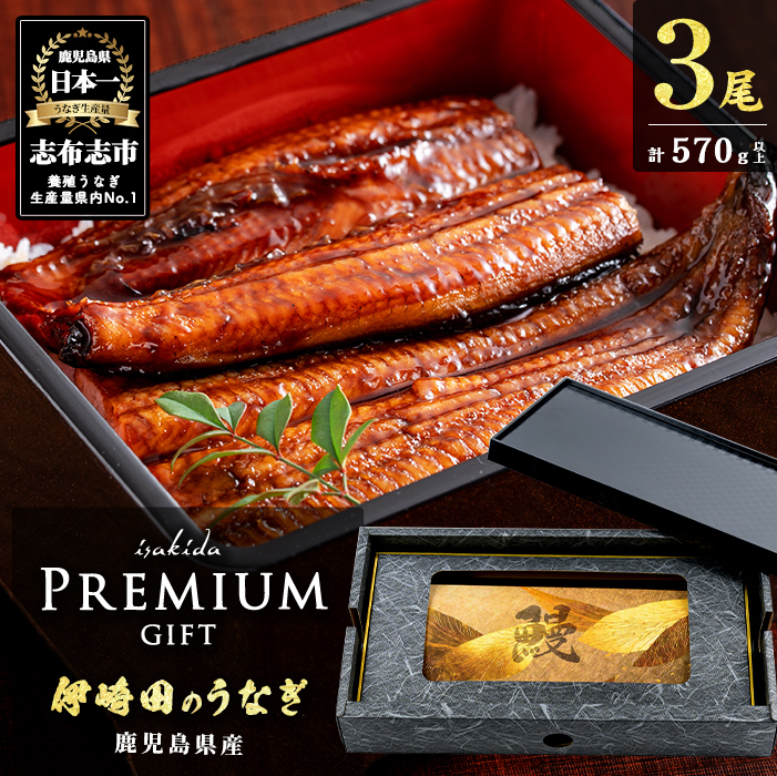 【ギフト対応】【数量限定】鹿児島県産 伊崎田のうなぎ蒲焼 ＜190g以上＞× 3尾(計570g以上) 鰻 うなぎ ウナギ 蒲焼き 3尾 国産 九州産 鹿児島県産 冷凍 おつまみ 鰻重 うな丼 ギフト 贈答用 プレゼント 化粧箱 c0-114