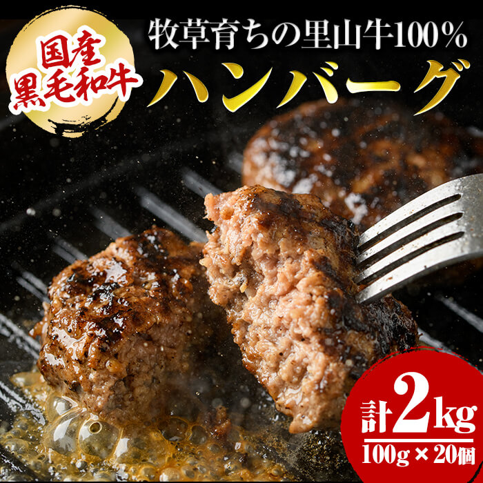 国産黒毛和牛 牧草育ちの里山牛100%使用！手作りハンバーグ 2kg (100g×20個） 黒毛和牛 和牛 肉 牛肉 国産 ハンバーグ 100% 小分け 真空パック c0-113