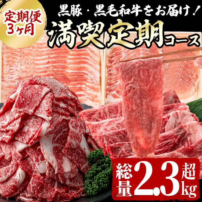 【定期便全3回】黒毛和牛・黒豚をお届け！＜黒毛和牛・黒豚 満喫定期コース＞計2.3kg超 t0042-008