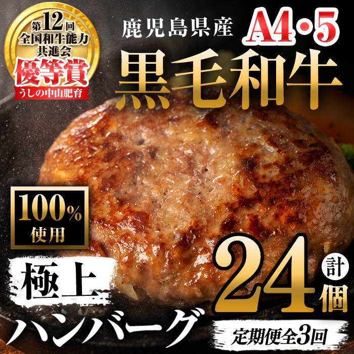 【定期便全3回】＜A4・A5等級＞鹿児島県産 黒毛和牛100%使用 極上ハンバーグ(150g×8個・全3回)? 黒毛和牛 和牛 ハンバーグ 冷凍ハンバーグ 肉 牛肉 国産 九州産 鹿児島県産 ミンチ 100% 小分け A4 A5 ランキング  定期便 頒布会 t0048-006