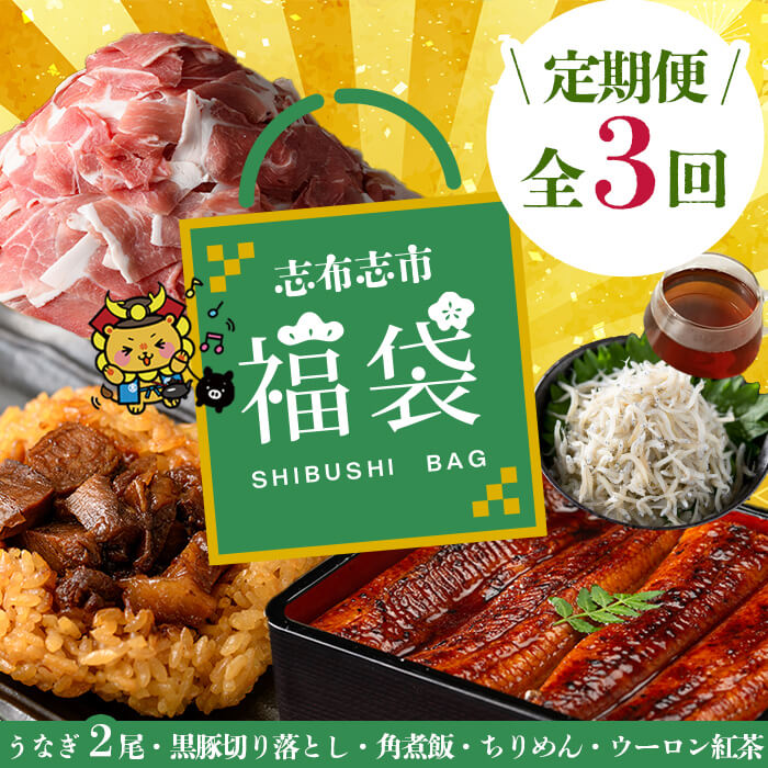 【定期便全３回】志布志市福袋！鰻とおかずいろいろセット(霧島湧水鰻2尾＆釜揚げちりめん＆黒豚ウデ切り落とし＆ウーロン紅茶＆角煮飯) ウナギ 蒲焼 2尾 鰻重 うな丼 黒豚 しらす ちりめんじゃこ バラエティ 食べ比べ t0084-015