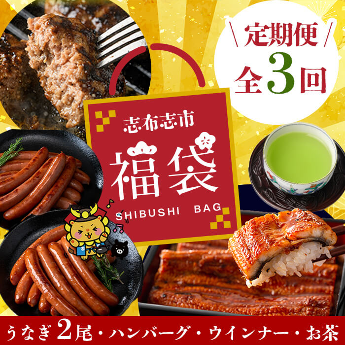 【定期便全３回】志布志市福袋！鰻とお肉のおかず(名水慈鰻2尾＆里山牛ハンバーグ4個＆黒豚MEGUMIウインナー2P＆お茶セット 総計約3kg) うなぎ 鰻 蒲焼き 鹿児島 ハンバーグ 冷凍 ウインナー 黒豚 緑茶 t0084-010