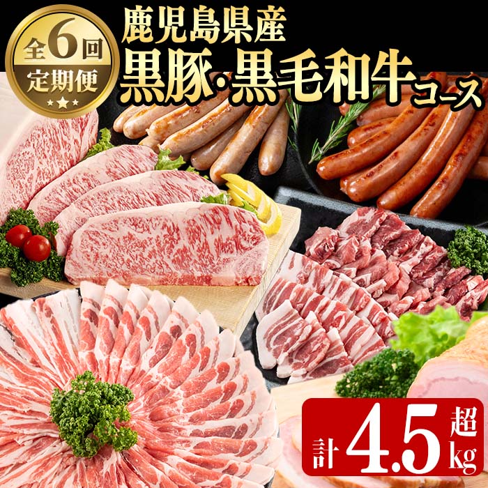 【定期便・全6回】鹿児島県産黒豚・黒毛和牛満喫コース！ 総量4.5kg超! ?牛肉 豚肉 鹿児島県産 九州産 国産 黒毛和牛 ステーキ すきやき しゃぶしゃぶ 焼肉 BBQ ウインナー ソーセージ ハム ハムカツ 定期便 t0088-002
