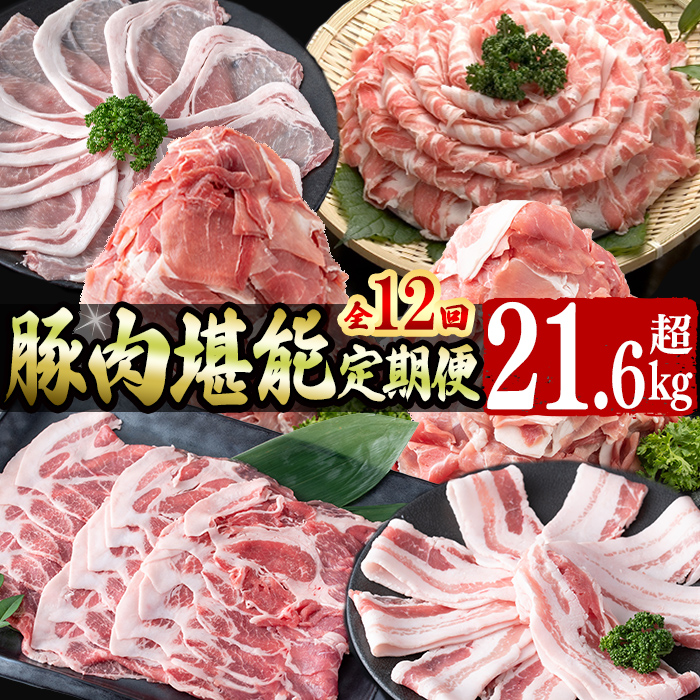 【定期便全12回】豚肉堪能定期便(12ヶ月連続・総量21.6kg以上) 豚 豚肉 肉 国産 九州産 しゃぶしゃぶ 焼肉 豚バラ ロース 切り落し 大容量 人気 小分け 真空包装 t0160-001