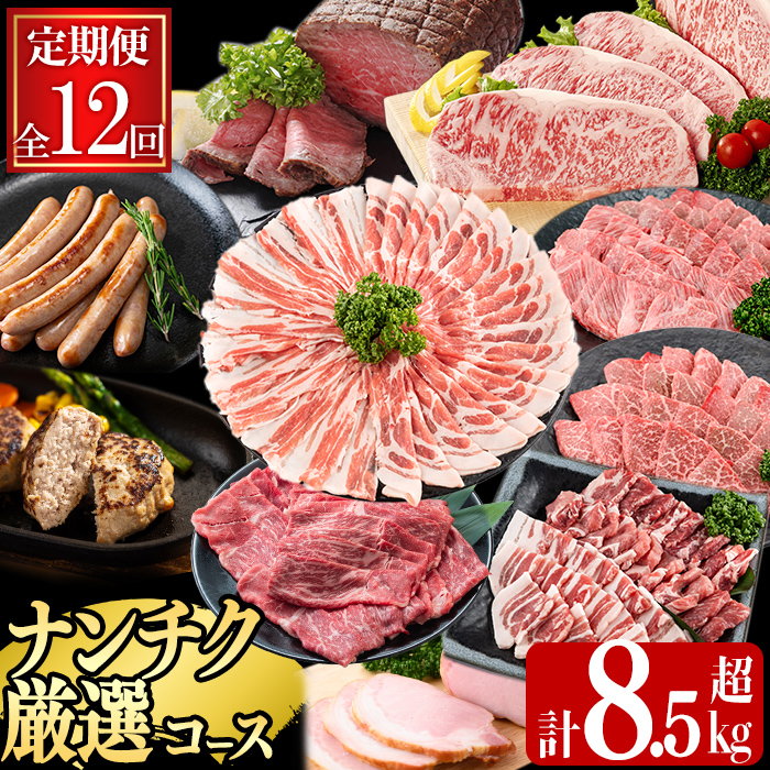 【定期便・全12回】ナンチクのお肉を楽しむ定期便！ナンチク厳選コース！ 総量8.5kg超! 牛肉 豚肉 鹿児島県産 国産 黒毛和牛 ステーキ すきやき しゃぶしゃぶ 焼肉 BBQ ウインナー ソーセージ ハム ローストビーフ 生ハム 定期便? t0165-001