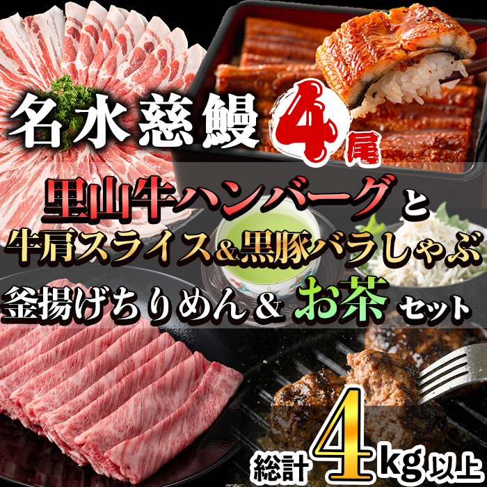 名水慈鰻4尾と牛肩スライス＆黒豚バラしゃぶ＆釜揚げちりめん＆里山牛ハンバーグ＆お茶セット 総計4kg超！ うなぎ 鰻 蒲焼 真空パック 牛肉 豚肉 黒豚 バラ しゃぶしゃぶ ハンバーグ ちりめん しらす ちりめんじゃこ 緑茶 wa0-003