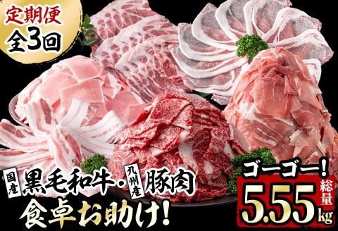【定期便・全3回】国産黒毛和牛と九州産豚肉の食卓お助けゴーゴー定期便 計5.55kg t0037-002-02