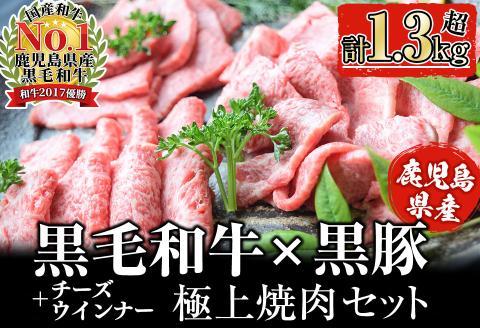 【鹿児島県産黒毛和牛・黒豚】お家でいただく極上 焼肉セット(チーズウインナー＆タレ付き)計1.3kg以上！ 焼肉 焼き肉 焼き肉セット 肉 牛肉 豚肉 黒豚 食べ比べ 肩ロース 豚バラ 豚肩ロース ウインナー ソーセージ BBQ バーベキュー b5-180
