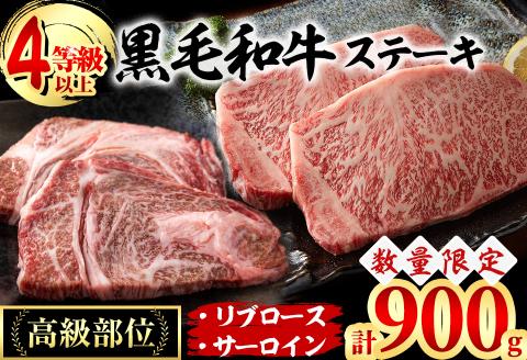 黒毛和牛ステーキ肉高級部位2種＜リブロース・サーロイン＞食べ比べ(計900g) b7-019