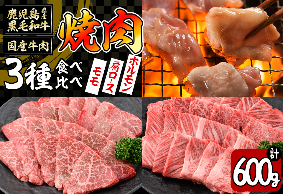 【焼肉3種！食べ比べセット】鹿児島県産黒毛和牛 モモ・肩ロース・国産ホルモンの焼肉3種セット＜計600g＞ 牛肉 肉 焼肉 セット 焼肉セット 焼き肉 小分け 食べ比べ 赤身 霜降り ホルモン やきにく BBQ a4-080