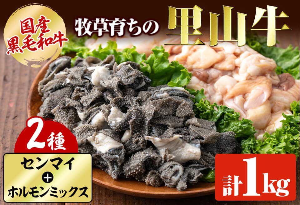 国産黒毛和牛 牧草育ちの里山牛 センマイ・ホルモンミックス計1kg 黒毛和牛 和牛 肉 牛肉 国産 ホルモン センマイ もつ 焼肉 BBQ a5-277