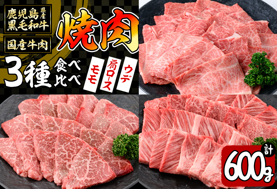 【焼肉3種！食べ比べセット】鹿児島県産黒毛和牛 モモ・肩ロース・ウデの焼肉3種セット＜計600g＞ 牛肉 肉 焼肉 セット 焼肉セット 焼き肉 小分け 食べ比べ 赤身 霜降り やきにく BBQ a6-048
