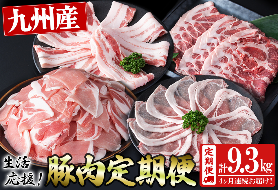 【定期便 全4回】九州産豚肉 生活応援定期便(計9.3kg) 定期便 豚肉 ぶた肉 肉 国産 九州産 切り落とし 切落し 小分け 真空パック チャック付き 野菜炒め 豚丼 カレー t0050-020