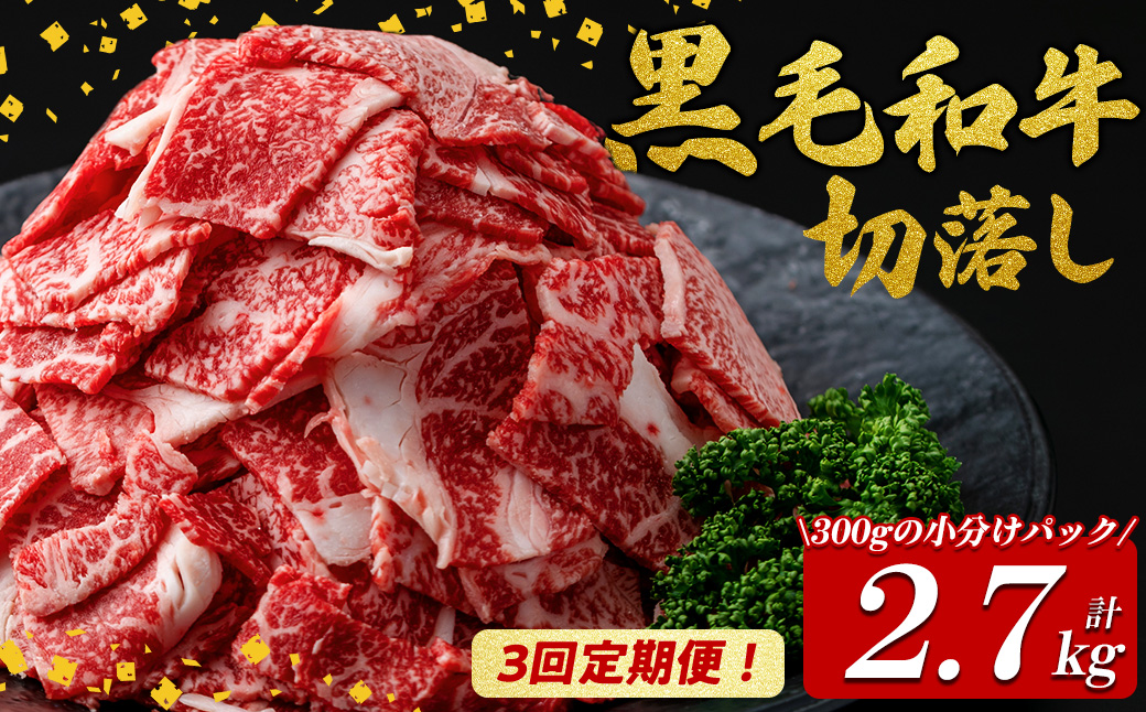 【定期便全3回】国産黒毛和牛切り落とし(計2.7kg) 牛肉 牛 切り落とし 切落し 小間切れ 小分け 真空パック 牛丼 カレー 肉じゃが 炒めもの 真空パック 黒毛和牛 定期便 t0036-007