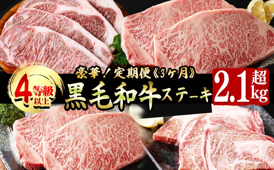 【定期便全3回】豪華!A4等級以上!黒毛和牛ステーキ定期便(3ヶ月連続・総量2.1kg以上) 黒毛和牛 ステーキ ステーキ肉 リブロース サーロイン 肉 牛肉 国産 高級 ランキング 人気 A4等級 食べ比べ 真空包装 t0073-002