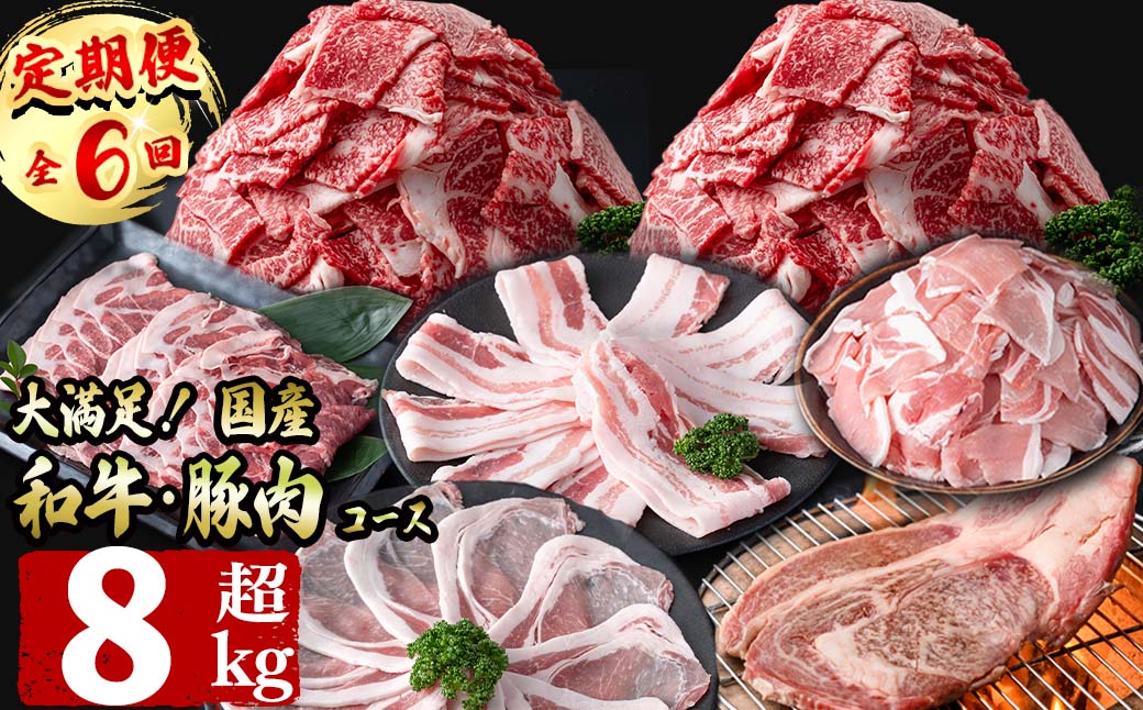 【定期便全6回】大満足！和牛・豚肉定期便(6ヶ月連続・総量8kg以上) 黒毛和牛 国産牛 九州産 豚 豚肉 肉 牛肉 国産 しゃぶしゃぶ 豚バラ 切り落し 大容量 人気 4等級 小分け 真空包装 t0078-003
