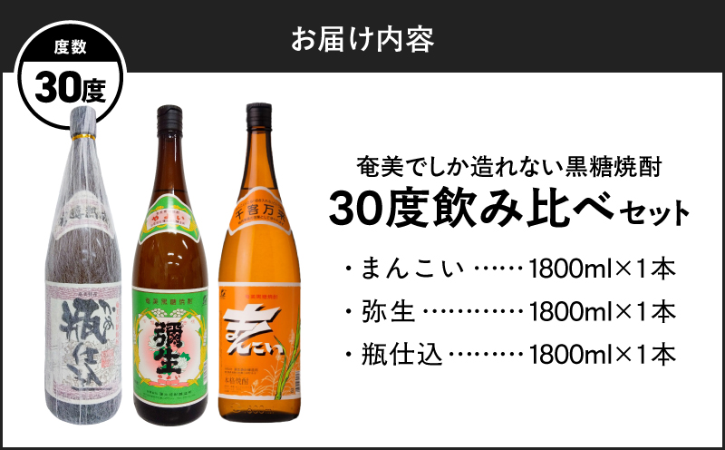 奄美でしか造れない黒糖焼酎 30度 飲みくらべ 3本セット 1800ml　A185-019