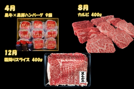 【全3回】鹿児島黒毛和牛・黒豚堪能焼き肉、スライス、ハンバーグセット定期便 084-16