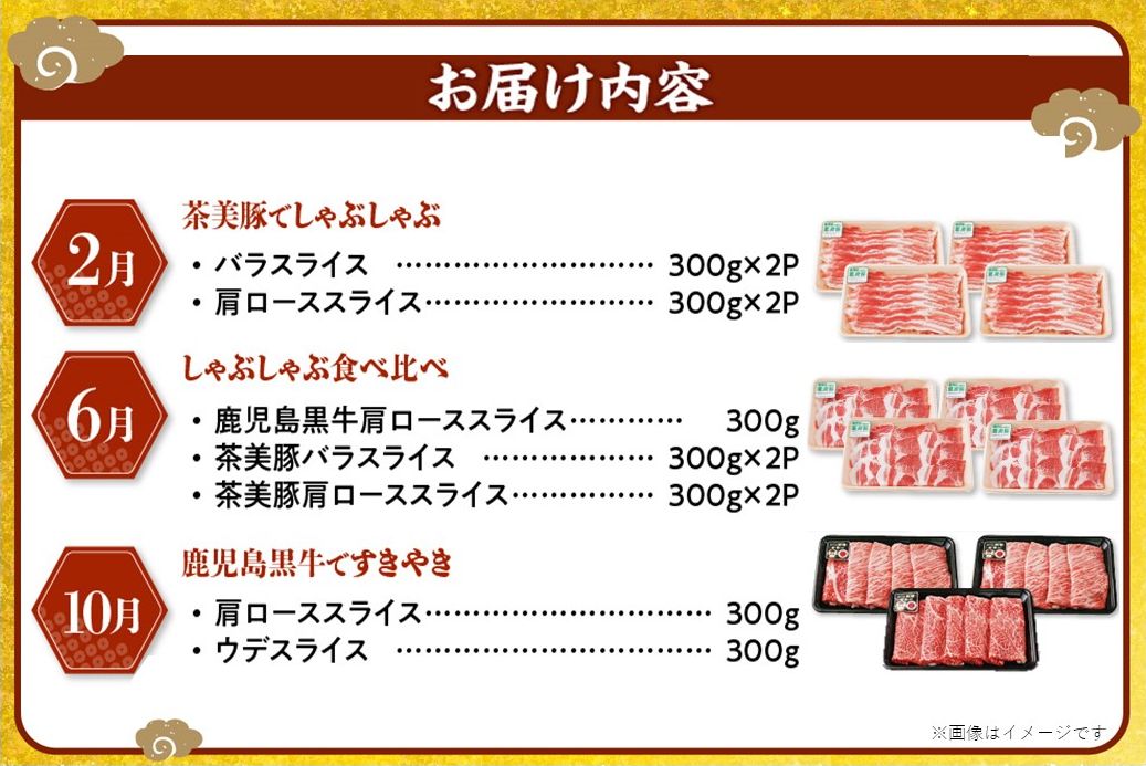 【全3回】鹿児島黒牛・茶美豚食べ比べ定期便 022-56