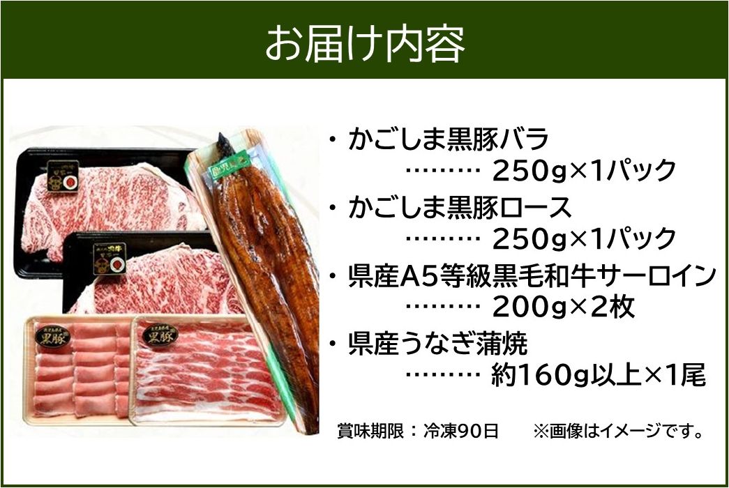 106-06 かごしま黒豚しゃぶしゃぶ用2パック・黒毛和牛サーロイン2枚・ウナギ1尾の抜群セット