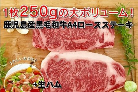 027-04 鹿児島産黒毛和牛A4ロースステーキ2枚 生ハム100g付