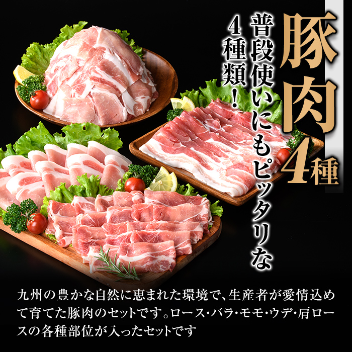 isa429 九州産 豚肉4種セット (合計2.25kg) 国産 切り落とし バラスライス 肩ロース ロース しゃぶしゃぶ 生姜焼き 真空包装 真空パック ファスナー 小分け ぶたにく 豚 肉 詰合せ 詰め合わせ 冷凍 【サンキョーミート株式会社】