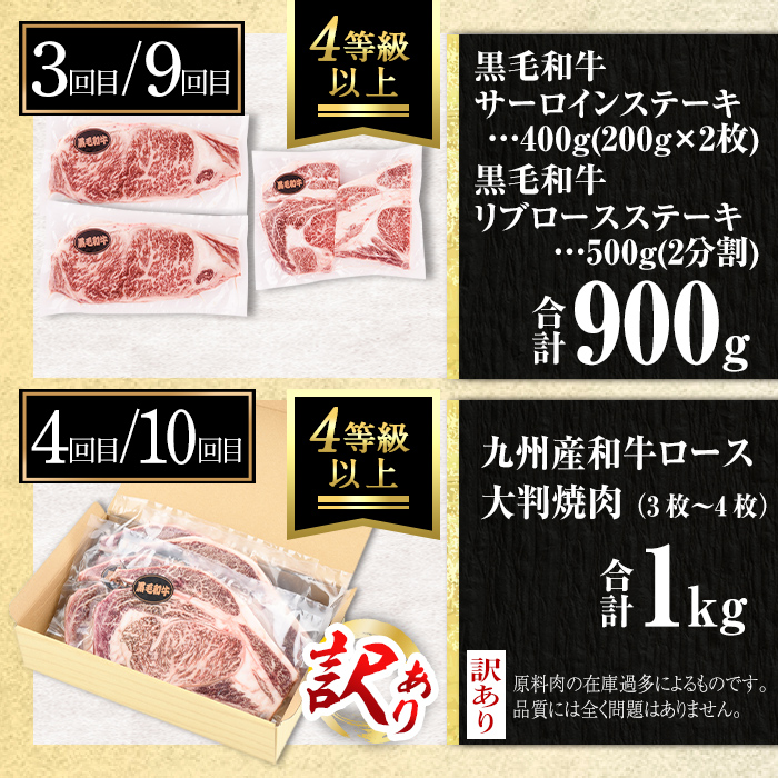 isa585 【定期便12回】満足贅沢 牛肉定期便(合計10.4kg) 肉 牛肉 霜降り すきやき しゃぶしゃぶ 牛しゃぶ サーロイン リブロース ステーキ 冷凍 ロース カタロース 肩ロース BBQ アウトドア【サンキョーミート株式会社】