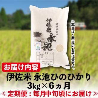 C0-09 【定期便】令和7年産 特別栽培米 伊佐米永池ひのひかり(計18kg・3kg×6ヶ月) 伊佐市 永池 お米 米 白米 精米 伊佐米 食味コンテスト 最優秀賞受賞 ヒノヒカリ 【エコファーム永池】