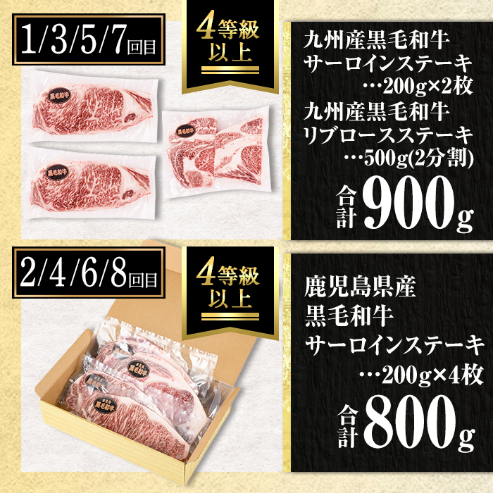 isa643 【定期便8回】黒毛和牛ステーキ定期便(合計6.8kg) 真空包装 真空パック リブロース サーロイン ステーキ 牛 うし 牛肉 アウトドア 食べ比べ BBQ 冷凍 【サンキョーミート株式会社】